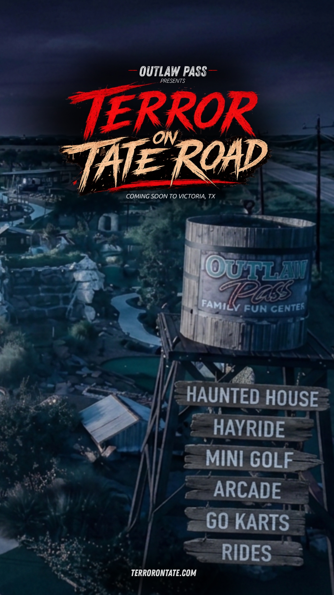 Outlaw Pass Family Fun Center at night, transformed for Terror on Tate Road